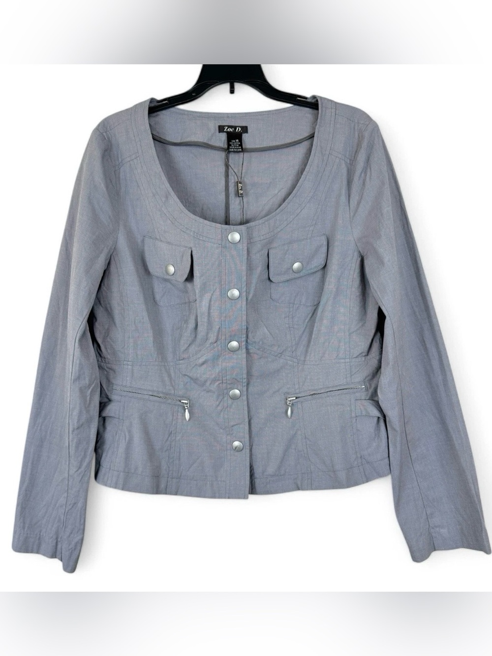 Zoe D Career Jacket Womens 14 Gray Cotton Long Sleeves‎ Snap Closure